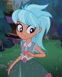 Size: 872x1080 | Tagged: safe, screencap, frosty orange, equestria girls, equestria girls series, g4, let it rain, spoiler:eqg series (season 2), background human, clothes, cropped, cute, dress, female, looking at you, outdoors, rain, smiling