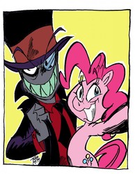 Size: 995x1280 | Tagged: safe, artist:grotezco, pinkie pie, g4, big smile, black hat (villainous), clothes, crossover, evil smile, grin, hat, looking at you, monocle, pose, selfie, simple background, smiling, suit, top hat, villainous, yellow background