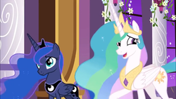 Size: 1366x768 | Tagged: safe, screencap, princess celestia, princess luna, pony, g4, the summer sun setback, canterlot castle, flower, nervous smile, window