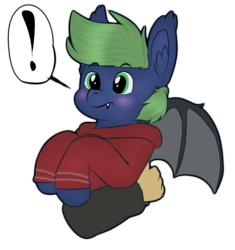 Size: 742x790 | Tagged: safe, artist:suchalmy, oc, oc only, oc:fruitcup, bat pony, pony, bat pony oc, blushing, exclamation point, solo, surprised
