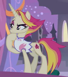 Size: 1158x1297 | Tagged: safe, screencap, fire flare, pony, unicorn, g4, the summer sun setback, canterlot, clothes, concave belly, cropped, cutie mark, eyeshadow, female, hoof on chin, lidded eyes, makeup, mare, night, raised eyebrow, raised hoof, slender, solo, thin, thinking