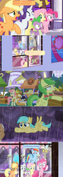 Size: 1364x3844 | Tagged: safe, edit, edited screencap, screencap, apple cobbler, apple fritter, applejack, discord, fluttershy, rainbow dash, rarity, spike, dragon, pegasus, pony, g4, the summer sun setback, apple family member, chaos, cloud, comic, dialogue, drained, fatigues, food, food stand, looking out the window, night, open mouth, pie, rain, raincloud, screencap comic, shocked, speech bubble, stained glass, surprised, weak, winged spike, wings, worried