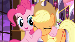 Size: 1366x768 | Tagged: safe, screencap, applejack, pinkie pie, pony, g4, the summer sun setback, boop, eyes closed, happy, hoof on shoulder, noseboop, open mouth, smiling