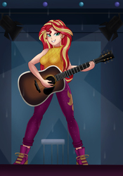 Size: 1786x2551 | Tagged: safe, artist:anonix123, sunset shimmer, human, equestria girls, equestria girls series, g4, let it rain, spoiler:eqg series (season 2), acoustic guitar, clothes, female, grin, guitar, human coloration, humanized, music video, musical instrument, pants, scene interpretation, smiling, solo