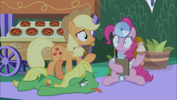 Size: 1366x768 | Tagged: safe, screencap, applejack, pinkie pie, wensley, earth pony, pony, g4, the summer sun setback, clipboard, cupcake, doctor, eating, fatigues, female, food, head mirror, male, mare, night, stallion, surprised, tired, tongue out, weak, wide eyes