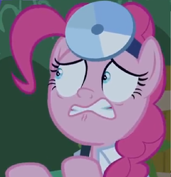 Size: 742x768 | Tagged: safe, edit, edited screencap, screencap, pinkie pie, earth pony, pony, g4, the summer sun setback, cropped, doctor, female, head mirror, night, solo, worried
