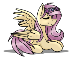 Size: 1000x800 | Tagged: safe, artist:cheluat, fluttershy, pony, g4, eyes closed, female, floral head wreath, flower, prone, signature, simple background, smiling, solo, transparent background