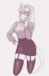 Size: 2129x3271 | Tagged: safe, artist:askbubblelee, oc, oc only, oc:rosie quartz, unicorn, anthro, adorasexy, anthro oc, big breasts, breasts, clothes, curved horn, curvy, cute, female, garter belt, garters, glasses, hand on cheek, hand on hip, high res, horn, hot for teacher, leonine tail, mare, meganekko, miniskirt, monochrome, ocbetes, ponytail, sexy, simple background, sketch, skindentation, skirt, socks, solo, teacher, thigh highs, thighs, what if, white background, wide hips, zettai ryouiki