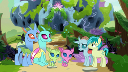 Size: 1920x1080 | Tagged: safe, artist:andrescortez7, axilla, carapace (g4), lumbar, ocellus, sandbar, spiracle, changedling, changeling, earth pony, pony, g4, female, male, ocellus' family, ship:ocelbar, shipping, straight