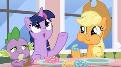 Size: 1864x1028 | Tagged: safe, screencap, applejack, spike, twilight sparkle, alicorn, dragon, pony, g4, season 9, the ending of the end, leak, chewing, donut, eating, food, hat, puffy cheeks, twilight sparkle (alicorn), winged spike, wings
