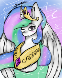 Size: 400x500 | Tagged: safe, artist:krissograph, princess celestia, alicorn, pony, g4, abstract background, blushing, bust, collar, crown, curved horn, ethereal mane, eyebrows, eyebrows visible through hair, female, heart, horn, jewelry, looking at you, mare, necklace, one eye closed, regalia, solo, starry mane