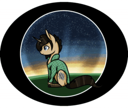 Size: 1555x1314 | Tagged: safe, artist:oneiria-fylakas, oc, oc only, changedling, changeling, pony, animated, brown changeling, chibi, clothes, disguise, disguised changeling, gif, magic, night, solo