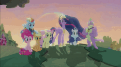 Size: 656x368 | Tagged: safe, screencap, applejack, fluttershy, pinkie pie, rainbow dash, rarity, spike, twilight sparkle, alicorn, dragon, pony, g4, season 9, the last problem, animated, book, book of harmony, closing the book, end of the story, finale, good end, happy ending, mane seven, mane six, older, older twilight, older twilight sparkle (alicorn), princess twilight 2.0, series finale, spoiler, sunset, the end, twilight sparkle (alicorn), winged spike, wings, written equestrian