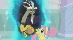 Size: 656x368 | Tagged: safe, screencap, discord, fluttershy, g4, season 9, the last problem, animated, cartoon physics, discussion in the comments, duo, female, gif, hammerspace, lunch bag, male, older fluttershy, paper, portal, shipping fuel, wing hands, wings, wrinkles