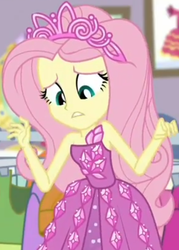 Size: 646x904 | Tagged: safe, screencap, fluttershy, costume conundrum, costume conundrum: rarity, equestria girls, g4, my little pony equestria girls: choose your own ending, bare shoulders, clothes, cropped, cute, dress, female, jewelry, leaned forward, looking down, princess fluttershy, raised arms, rarity's bedroom, seriously, sleeveless, strapless, tiara