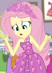 Size: 649x905 | Tagged: safe, screencap, fluttershy, costume conundrum, costume conundrum: rarity, equestria girls, g4, my little pony equestria girls: choose your own ending, bare shoulders, clothes, cropped, cute, dress, female, jewelry, leaned forward, looking down, princess fluttershy, raised arms, rarity's bedroom, seriously, sleeveless, strapless, tiara