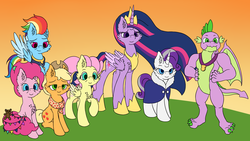 Size: 3840x2160 | Tagged: safe, artist:shad0w-galaxy, derpibooru exclusive, applejack, fluttershy, pinkie pie, rainbow dash, rarity, spike, twilight sparkle, alicorn, earth pony, pegasus, pony, unicorn, g4, season 9, the last problem, cheek fluff, chest fluff, clothes, ear fluff, ethereal mane, gigachad spike, high res, mane seven, mane six, older, older spike, older twilight, older twilight sparkle (alicorn), princess twilight 2.0, twilight sparkle (alicorn), wip