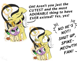 Size: 2000x1603 | Tagged: safe, artist:chopsticks, spike, oc, oc:color cream, meowth, pony, unicorn, g4, angry, clothes, comic, costume, cute, dialogue, female, levitation, magic, male, onesie, open mouth, pokémon, simple background, spikabetes, spikelove, tape, telekinesis, text, yelling