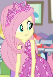 Size: 615x893 | Tagged: safe, screencap, fluttershy, costume conundrum, costume conundrum: rarity, equestria girls, g4, my little pony equestria girls: choose your own ending, bare shoulders, clothes, cropped, cute, dress, female, jewelry, leaned forward, princess fluttershy, rarity's bedroom, seriously, sleeveless, strapless, tiara