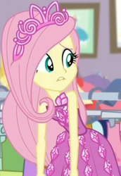 Size: 618x896 | Tagged: safe, screencap, fluttershy, costume conundrum, costume conundrum: rarity, equestria girls, g4, my little pony equestria girls: choose your own ending, bare shoulders, clothes, cropped, cute, female, jewelry, leaned forward, lip bite, princess fluttershy, rarity's bedroom, seriously, sleeveless, strapless, tiara