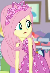 Size: 618x896 | Tagged: safe, screencap, fluttershy, costume conundrum, costume conundrum: rarity, equestria girls, g4, my little pony equestria girls: choose your own ending, bare shoulders, clothes, cropped, cute, dress, female, jewelry, leaned forward, princess fluttershy, rarity's bedroom, seriously, sleeveless, strapless, tiara