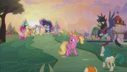 Size: 1920x1080 | Tagged: safe, screencap, applejack, fluttershy, gallop j. fry, georgia, luster dawn, pinkie pie, rainbow dash, rarity, spike, twilight sparkle, alicorn, earth pony, griffon, kirin, pegasus, pony, unicorn, yak, g4, season 9, the last problem, animated, book, book end, book of harmony, closing the book, clothes, coat, crown, end of ponies, flying, full circle, hat, jacket, jewelry, looking back, older, older gallop j. fry, pony history, ponyville, regalia, sound, sunset, the end, the magic of friendship grows, the ride is over, twilight sparkle (alicorn), walking, wave, webm