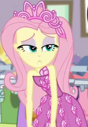 Size: 610x882 | Tagged: safe, screencap, fluttershy, costume conundrum, costume conundrum: rarity, equestria girls, g4, my little pony equestria girls: choose your own ending, bare shoulders, clothes, cropped, cute, dress, female, jewelry, leaned forward, lidded eyes, princess fluttershy, rarity's bedroom, seriously, sleeveless, strapless, tiara