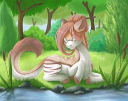 Size: 1394x1102 | Tagged: safe, artist:shady-bush, oc, oc only, earth pony, pony, cattails, forest, prone, reeds, river, solo