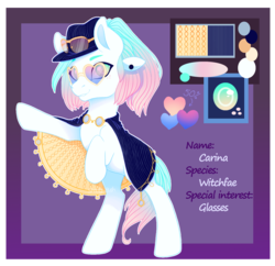 Size: 1497x1452 | Tagged: safe, artist:shady-bush, oc, oc only, oc:carina, earth pony, original species, pony, female, hat, mare, reference sheet, solo, sunglasses, witchfae