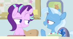Size: 500x270 | Tagged: safe, artist:pinkiespresent, starlight glimmer, trixie, pony, unicorn, g4, desk, looking at each other, smiling, smirk, starlight's office