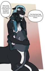 Size: 1540x2405 | Tagged: safe, artist:blackblood-queen, oc, oc only, oc:mako, oc:pandie, centaur, orca pony, original species, anthro, anthro centaur, anthro oc, brother and sister, comforting, dialogue, female, male, mare, siblings, speech bubble, stallion