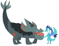 Size: 1024x804 | Tagged: safe, artist:queencold, princess ember, oc, oc:sparky, dragon, slingtail, g4, dragoness, duo, female, pet, petting, simple background, transparent background