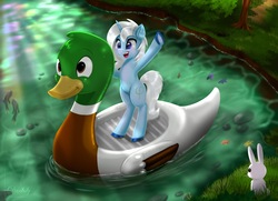 Size: 6300x4550 | Tagged: safe, artist:darksly, oc, oc only, oc:eula phi, fish, pony, rabbit, unicorn, animal, bipedal, female, happy, inflatable, inflatable bird, inflatable duck, mare, open mouth, pond, rubber duck, smiling, solo, standing