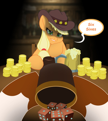 Size: 2046x2281 | Tagged: safe, artist:chaosetmundi, applejack, earth pony, pony, g4, bits, cider, dice, female, hat, high res, liar's dice, solo