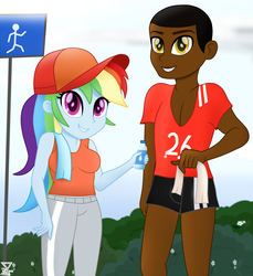 Size: 2000x2185 | Tagged: safe, artist:theretroart88, rainbow dash, oc, oc:desorde, equestria girls, g4, clothes, female, high res, male, shorts, tracksuit