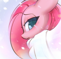 Size: 1604x1569 | Tagged: safe, artist:mirroredsea, pinkie pie, earth pony, pony, g4, bust, clothes, crying, female, looking at you, mare, palindrome get, pinkamena diane pie, portrait, profile, scarf, snow, solo