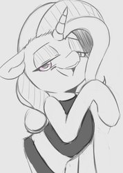 Size: 508x714 | Tagged: safe, artist:tre, trixie, pony, unicorn, g4, anatomically incorrect, clothes, female, grayscale, human shoulders, lidded eyes, mare, monochrome, open mouth, raised hoof, solo