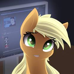 Size: 894x894 | Tagged: safe, artist:posionjoke, applejack, pony, g4, cute, female, freckles, jackabetes, looking at you, mare, monitor, solo