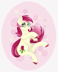 Size: 10261x12777 | Tagged: safe, artist:nyota71, roseluck, earth pony, pony, g4, bubble, chest fluff, circle background, colored hooves, cute, ear fluff, female, floating, flower, fluffy, green eyes, hoof fluff, long tail, pink, pink mane, rose, simple background, solo