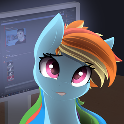 Size: 1024x1024 | Tagged: safe, artist:posionjoke, rainbow dash, pegasus, pony, g4, bust, discord (program), female, mare, monitor, solo