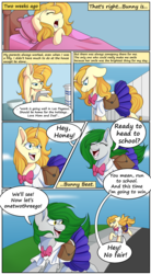 Size: 2508x4550 | Tagged: safe, artist:calamity-studios, oc, oc only, oc:bunny beat, earth pony, pony, unicorn, comic:black star tales, bed, blanket, bowl, clothes, comic, grin, note, pillow, saddle bag, smiling