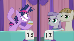 Size: 1920x1080 | Tagged: safe, screencap, maud pie, mudbriar, twilight sparkle, alicorn, earth pony, pony, a trivial pursuit, g4, bell, curtains, faic, female, frazzled, male, mare, messy mane, score, shrunken pupils, smiling, split screen, stallion, table, twilight snapple, twilight sparkle (alicorn), twilynanas