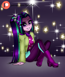 Size: 1100x1300 | Tagged: safe, artist:nekojackun, aria blaze, equestria girls, find the magic, g4, my little pony equestria girls: better together, alternate clothes, aria flat, ariabetes, clothes, cute, delicious flat chest, female, greenbutt pants, jacket, looking at you, patreon, patreon logo, pigtails, polka dots, sitting, smiling, solo, sparkles, stars, twintails