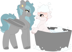 Size: 1198x857 | Tagged: safe, artist:triggerbolt, oc, oc:dayglow, oc:gold sunrise, bat pony, pegasus, pony, bathing, blind eye, bubble, colored hooves, duo, ear piercing, earring, eye clipping through hair, eye scar, fangs, female, jewelry, lesbian, looking at each other, mare, oc x oc, piercing, scar, shipping, simple background, tongue out, water, wet mane