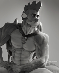 Size: 1080x1331 | Tagged: artist needed, safe, spike, dragon, g4, the last problem, abs, buff, chad, gigachad, gigachad spike, grayscale, jewelry, lidded eyes, male, medal, meme, monochrome, muscles, necklace, older, older spike, sitting, smiling, smirk, solo, stupid sexy spike, that was fast, vein, winged spike, wings