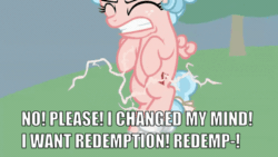 Size: 600x338 | Tagged: safe, edit, edited screencap, screencap, cozy glow, pegasus, pony, g4, the ending of the end, abuse, animated, belly, caption, cozybuse, female, filly, gif, image macro, petrification, sad, solo, text, tragedy, you know for kids
