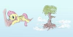 Size: 3357x1719 | Tagged: safe, artist:vanillaghosties, fluttershy, pegasus, pony, g4, female, floating, floppy ears, folded wings, in a tree, looking at you, mare, one eye closed, prone, sky, smiling, solo, tongue out, tree, tree branch, wings, wink