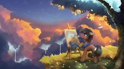 Size: 2880x1620 | Tagged: safe, artist:anticular, oc, oc only, bird, earth pony, pony, brush, clothes, cloud, easel, floating island, painting, scarf, scenery, solo, tree