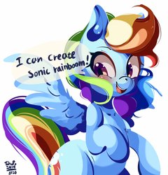 Size: 1808x1881 | Tagged: safe, artist:tohupo, rainbow dash, pony, cute, dashabetes, dialogue, engrish, female, open mouth, simple background, solo, sonic boom, sonic rainboom, speech bubble, spread wings, truth, white background, wings