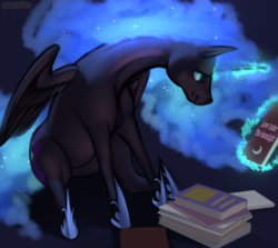 Size: 1346x1200 | Tagged: safe, artist:mercurial64, nightmare moon, alicorn, pony, g4, book, female, glowing horn, horn, magic, mare, sitting, solo, telekinesis
